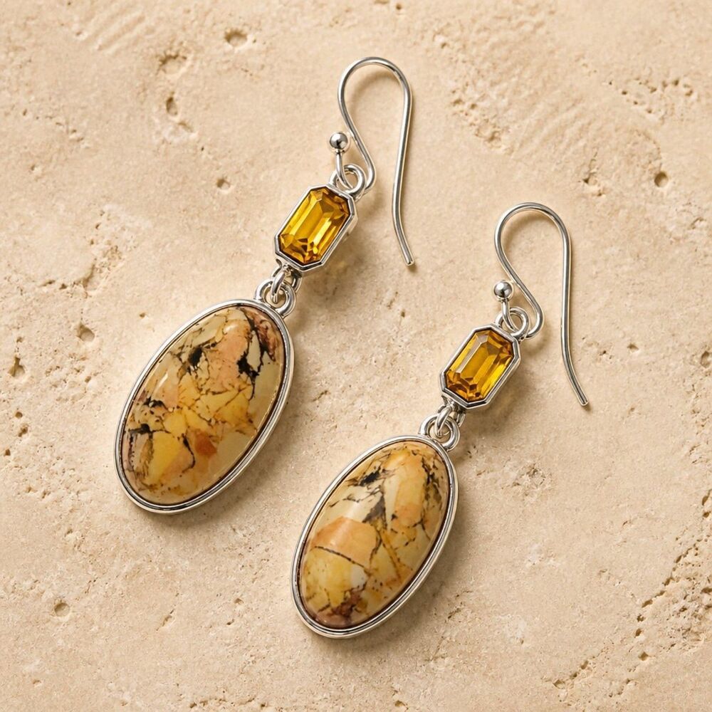 Oval Jasper & Citrine Gemstone Dangle Earrings